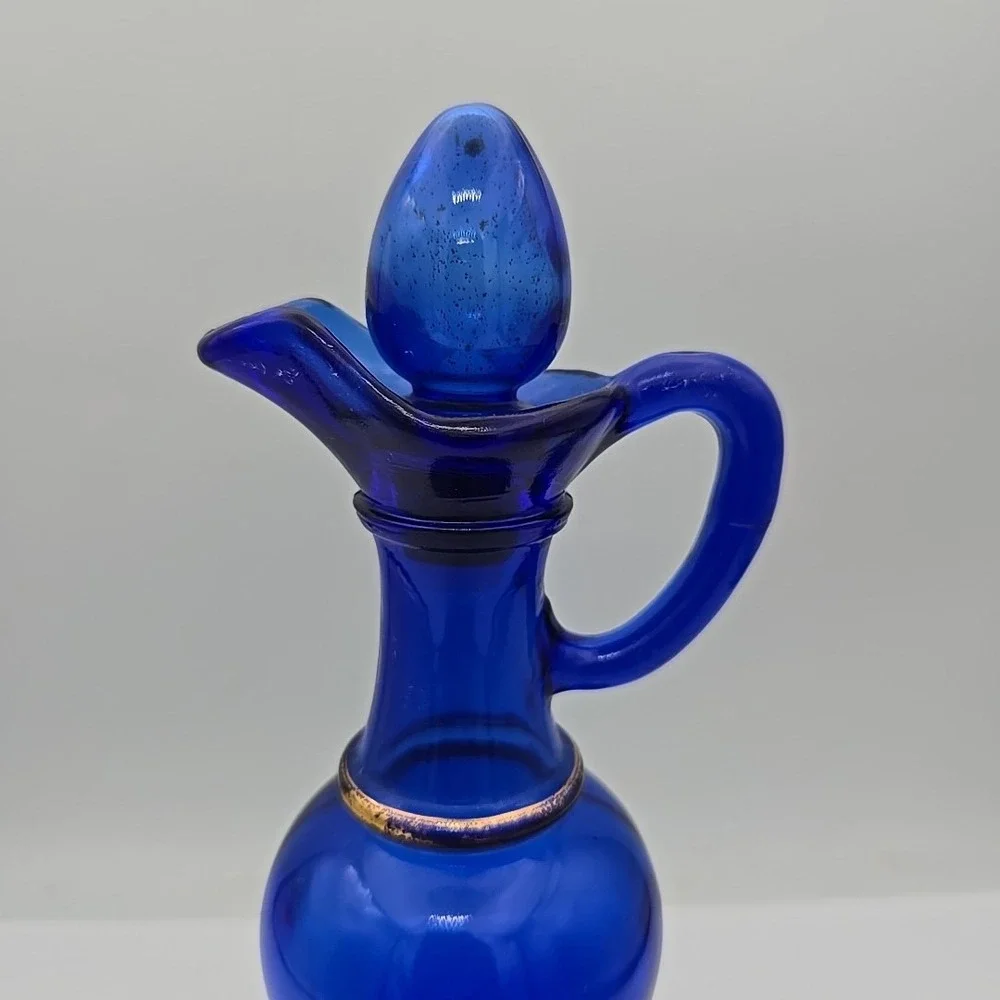 Vintage 70s Avon Cobalt Blue Gold Glass Genie Bottle Cruet Pitcher 9